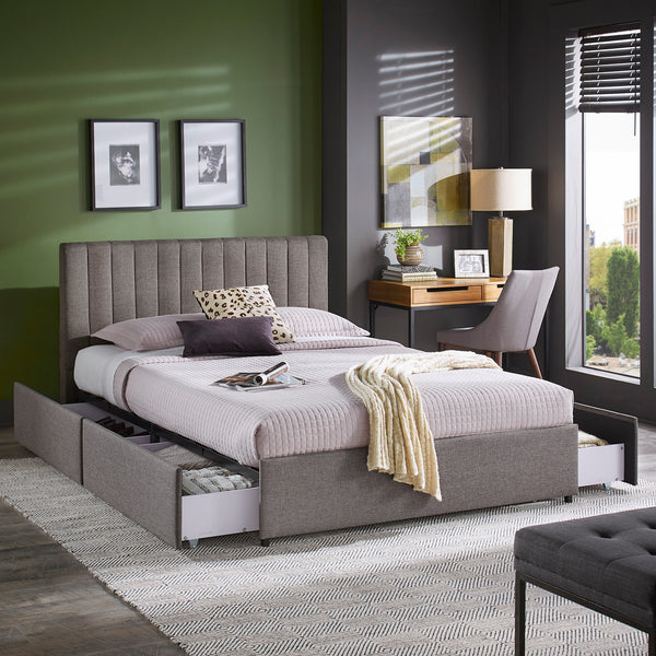 Grey Linen Upholstered Storage Platform Bed with Channel Headboard - Gray Linen, Queen