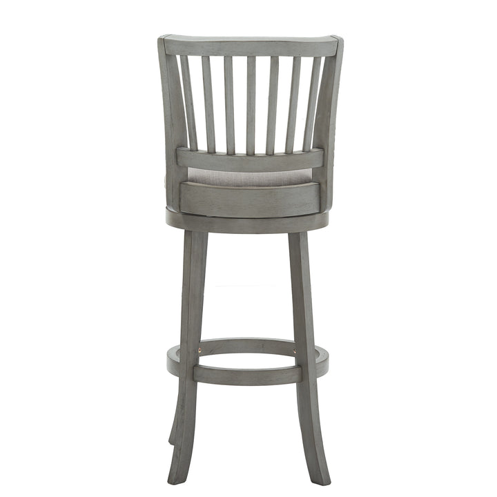 Slat Back Swivel Chair - 29" Bar Height, Antique Gray Finish, Gray Linen