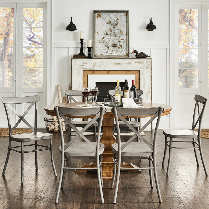 Oak Finish Oval 7-Piece Dining Set - Grey Finish Chairs