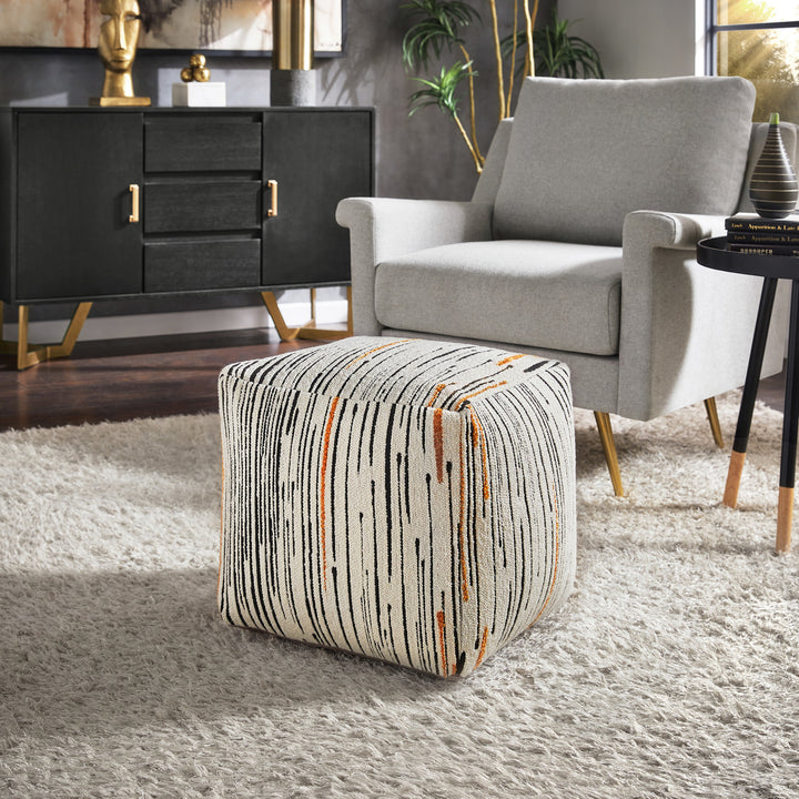 Upholstered Square Pouf Ottoman - Multicolored Line Pattern Fabric