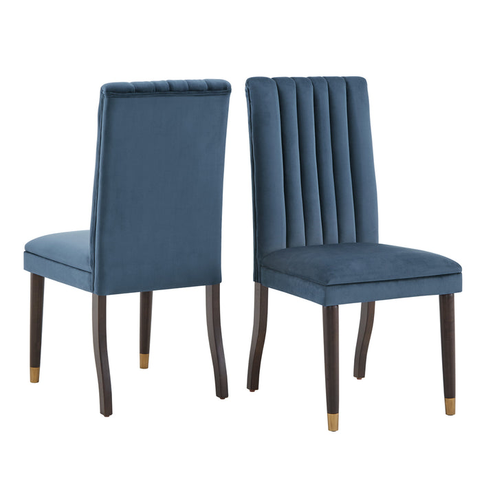 Espresso Wood Velvet Upholstered Dining Set - 7-Piece Set, Blue Velvet Chairs