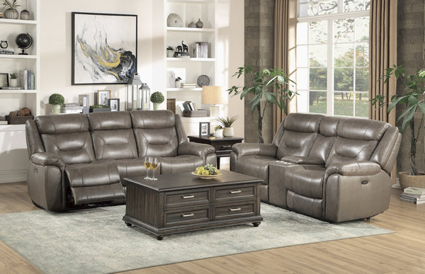 Power Double Reclining Sofa with Power Headrests & Usb Ports, Brownish Gray Top Grain Leather Match Pvc