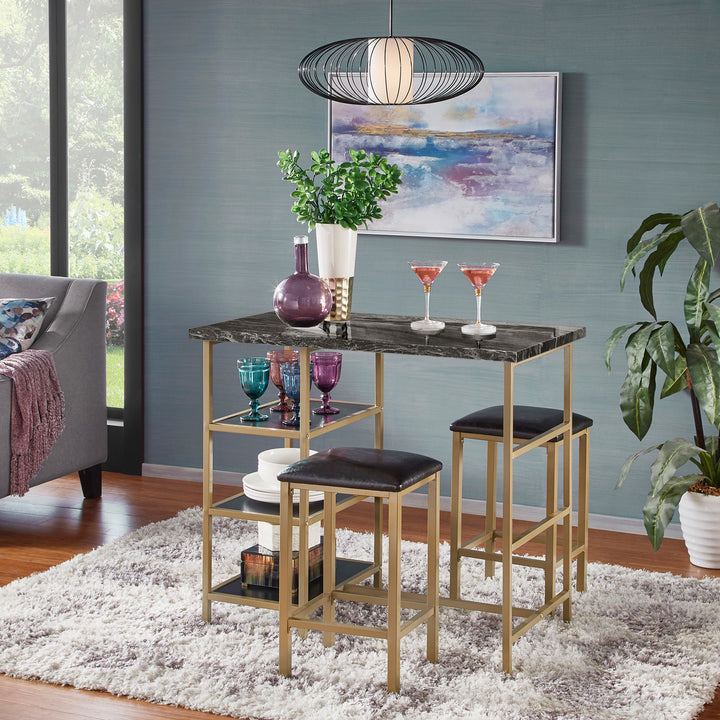 Counter Height Metal Table Set with Faux Marble Top - Gold Finish Base and Black Faux Marble Top