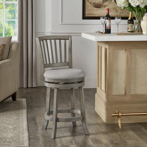 Slat Back Swivel Chair - 24" Counter Height, Antique Gray Finish, Gray Linen