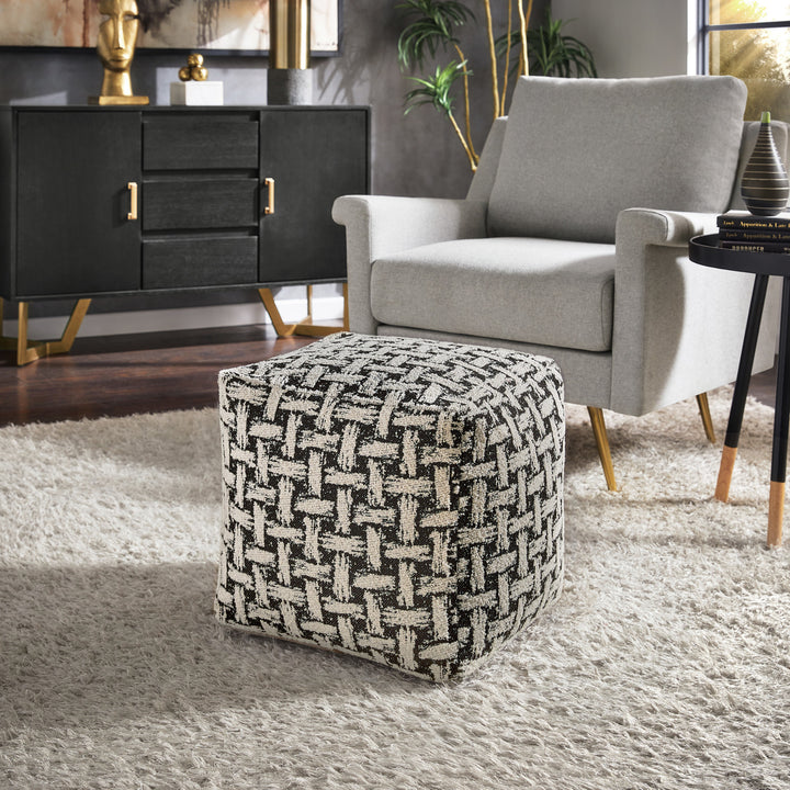 Upholstered Square Pouf Ottoman - Black & White Weaved Pattern Fabric