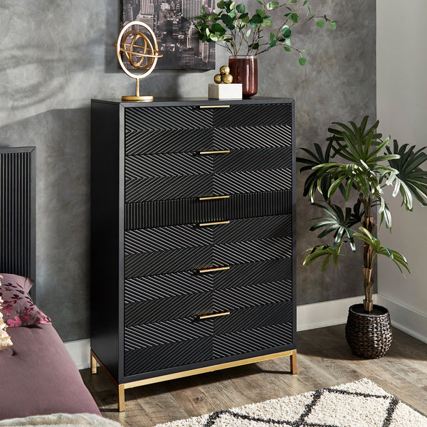 36" Wide 6 - Drawer Chest - Black Finish, Gold Accent