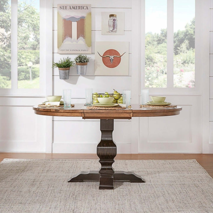 Two-Tone Oval Solid Wood Top Extending Dining Table - Oak Top with Antique Black Base