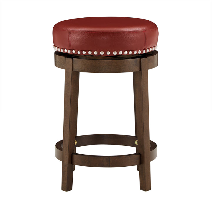 Set Of 2, Brown Finish Red Pu 24" Swivel Counter Height Stool - Red Faux Leather, Counter Height - Red Faux Leather, Counter Height