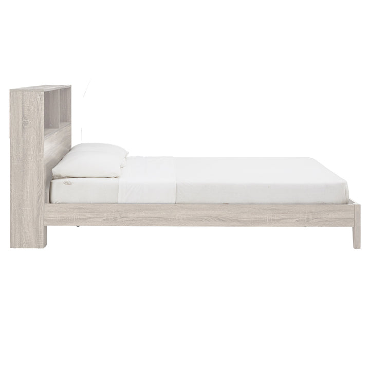 Bookcase Platform Bed with USBs - White Finish, Queen Size