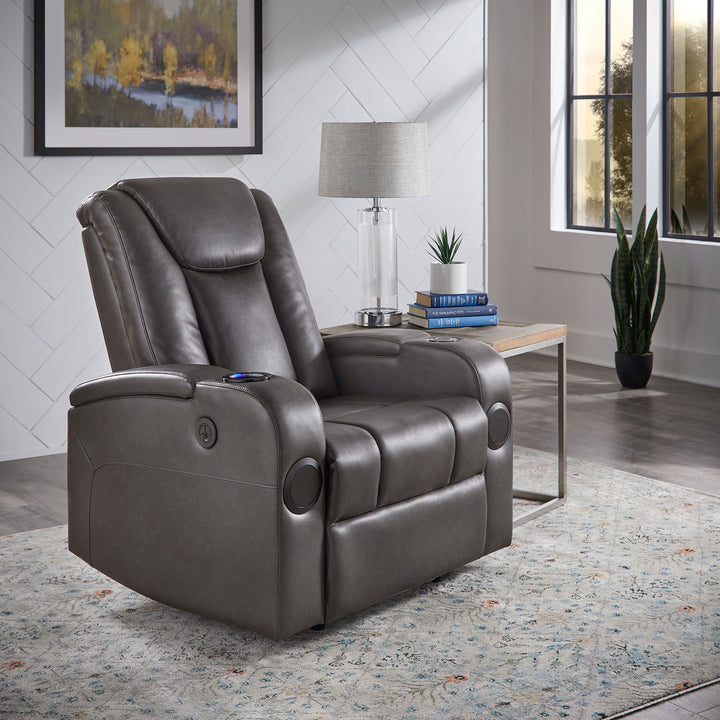 Gray Vegan Leather LED Power Recliner with Speaker, Storage, USB and Wireless Charger