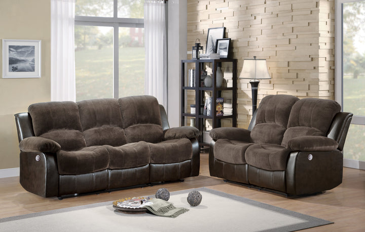 Cranley Chocolate Textured Plush Microfiber & Dark Brown Bi-Cast Vinyl Double Reclining Sofa