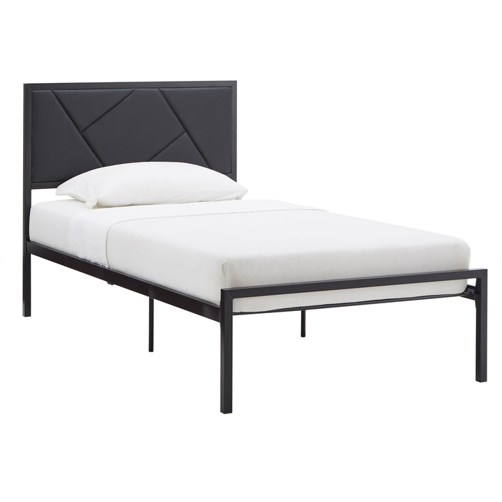 Metal Platform Bed with Geometric Headboard - Black Finish, Twin (Twin Size)