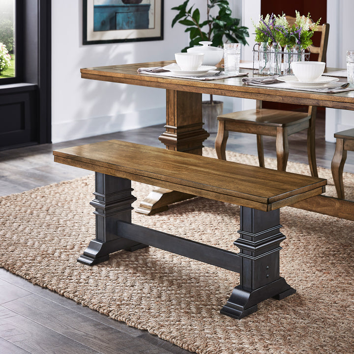 Two-Tone Trestle Leg Wood Dining Bench - Oak Top with Antique Denim Base