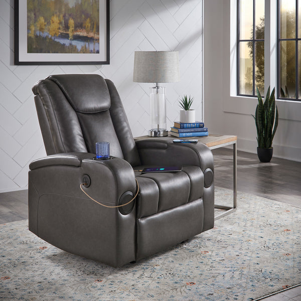 Gray Vegan Leather LED Power Recliner with Speaker, Storage, USB and Wireless Charger