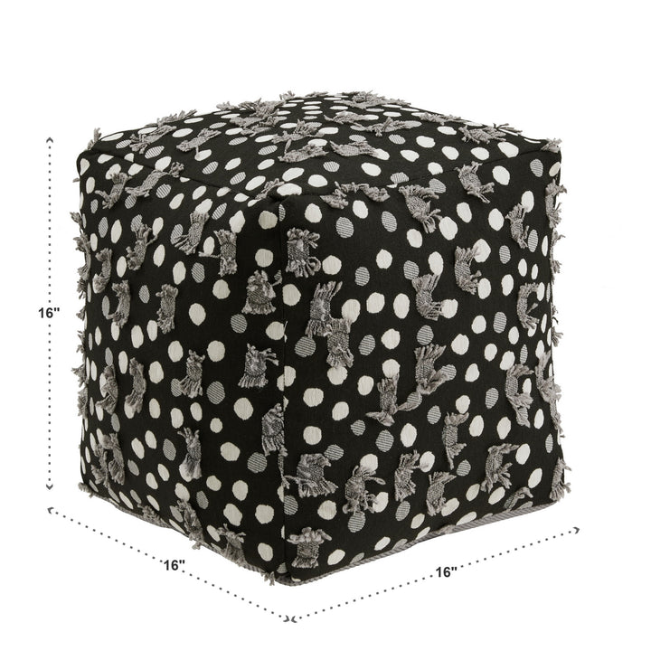 Upholstered Square Pouf Ottoman - Black White & Grey Poker Dot Pattern Fabric With Fringe