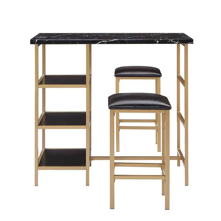 Counter Height Metal Table Set with Faux Marble Top - Gold Finish Base and Black Faux Marble Top