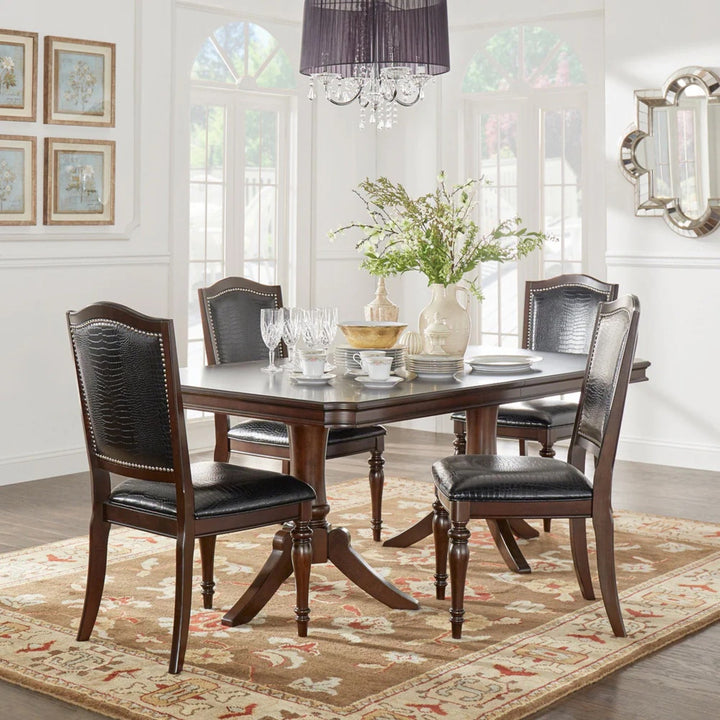 Espresso Pedestal Extending Dining Set - Faux Alligator Side Chairs, 5-Piece Set