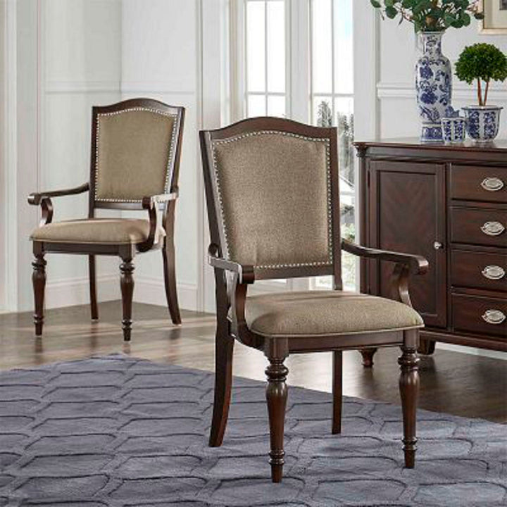 Espresso Pedestal Extending Dining Set - Brown Fabric Arm Chairs, 5-Piece Set