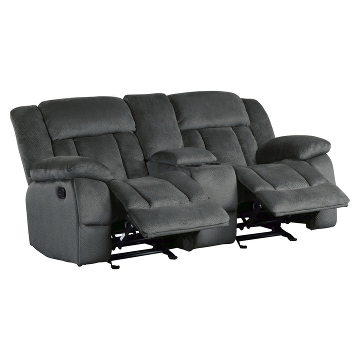 Laurelton Charcoal Textured Plush Microfiber Double Glider Reclining Loveseat with Center Console