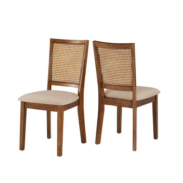 Beige Linen Rattan Back Dining Chairs (Set of 2) - Oak Finish