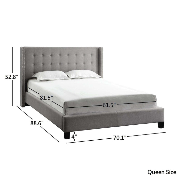 Nailhead Wingback Tufted Upholstered Platform Bed - Gray Linen, Queen