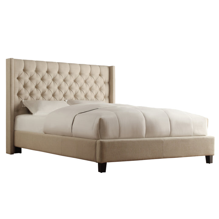 Wingback Button Tufted Platform Bed - Beige Linen, King