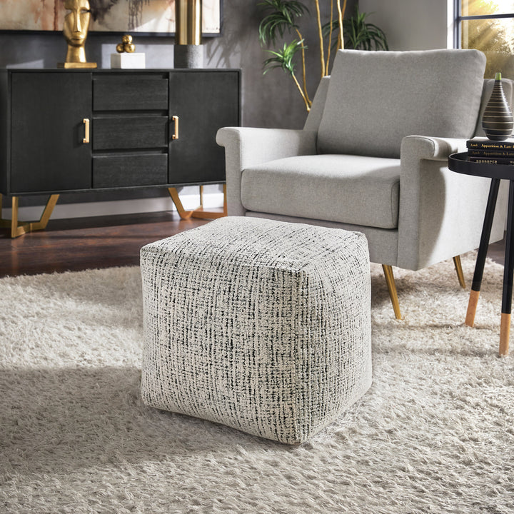 Upholstered Square Pouf Ottoman - Black & White Tweed Chenille