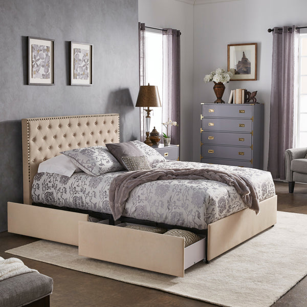 Nailhead Linen Headboard Storage Platform Bed - Full Size