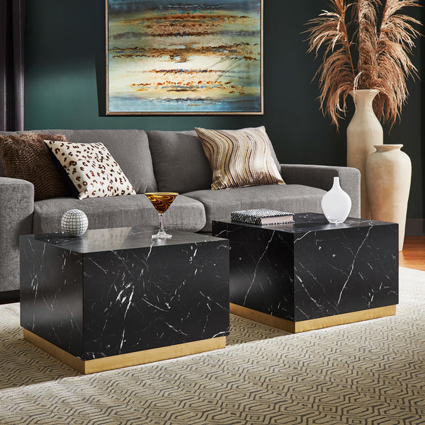 Faux Marble Coffee Table with Casters - Black, Square (Set of 2)