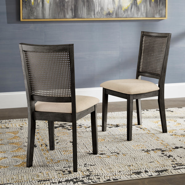 Beige Linen Rattan Back Dining Chairs (Set of 2) - Antique Black