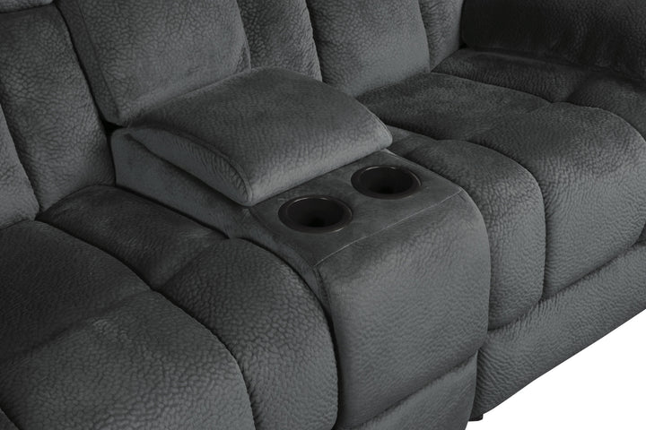 Laurelton Charcoal Textured Plush Microfiber Double Glider Reclining Loveseat with Center Console