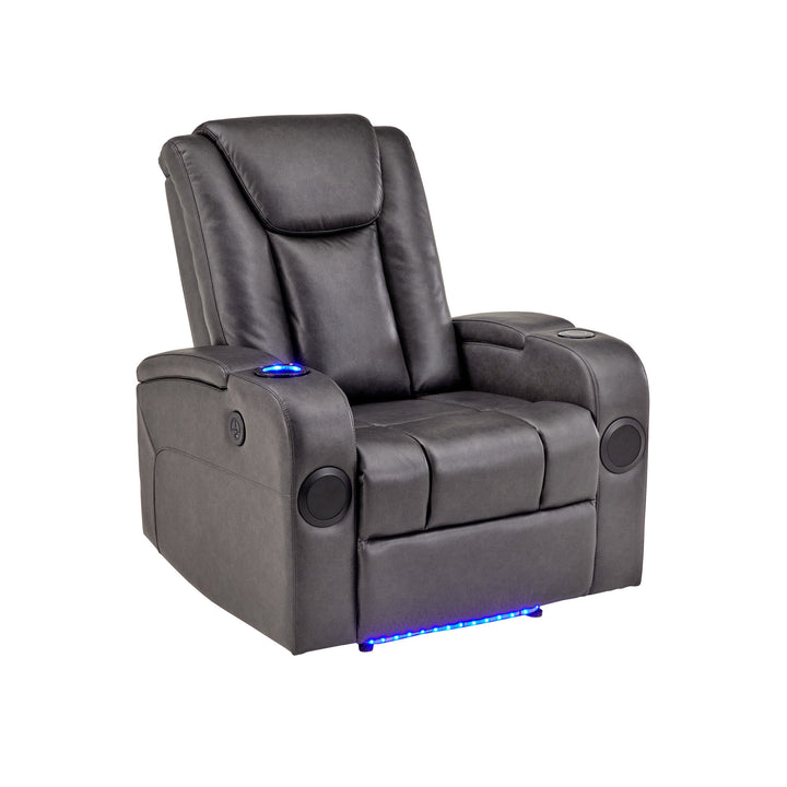 Gray Vegan Leather LED Power Recliner with Speaker, Storage, USB and Wireless Charger