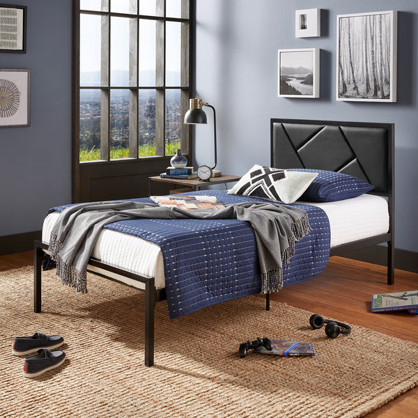 Metal Platform Bed with Geometric Headboard - Black Finish, Twin (Twin Size)