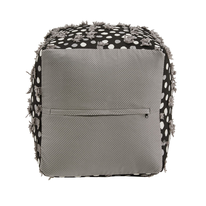 Upholstered Square Pouf Ottoman - Black White & Grey Poker Dot Pattern Fabric With Fringe