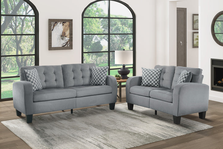 Black Finish Grey Fabric Sofa With 2 Pillows